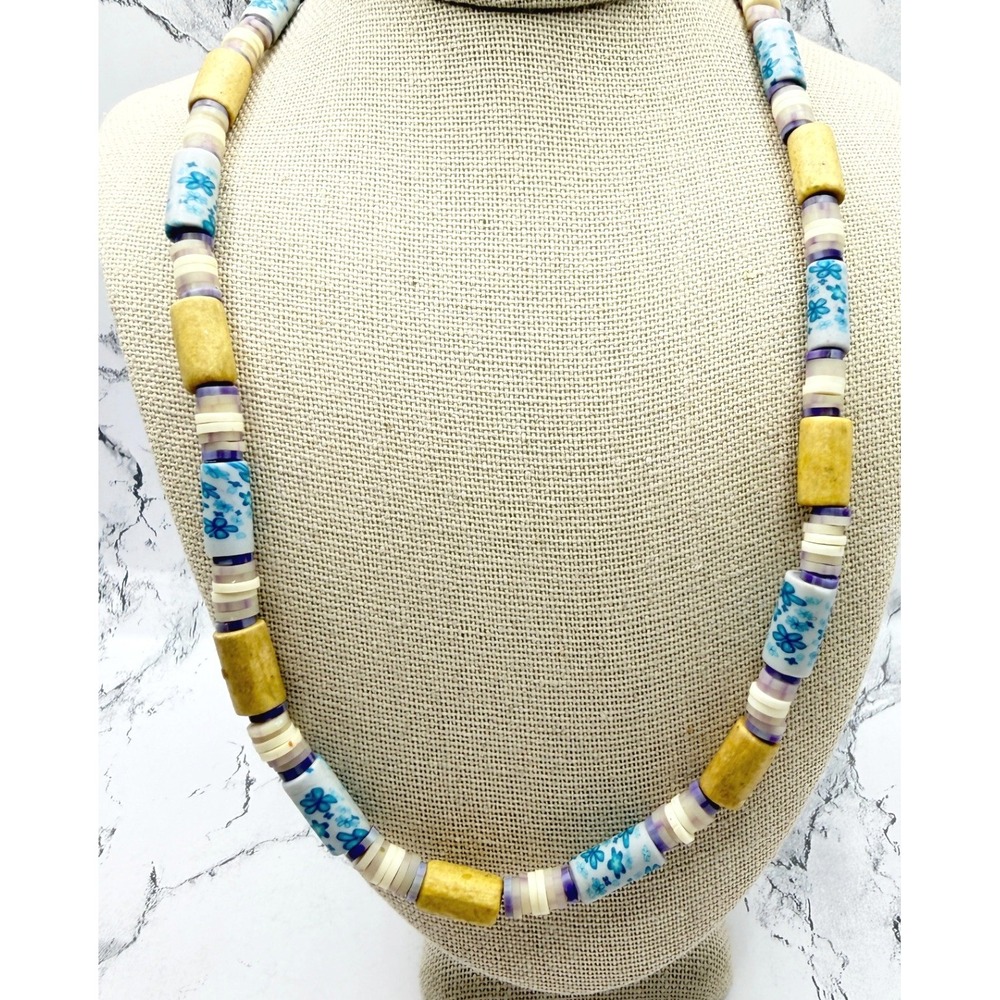 Blue Gold Patterned Bead Necklace Silver Tone 18"‎